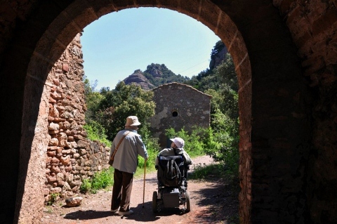 En un día soleado y en plena naturaleza, una persona en silla de ruedas disfruta de un paseo por un camino rodeado de árboles, junto a otra que camina con muletas. La imagen capta el momento en que ambas atraviesan un túnel que desemboca en el sendero que han elegido para su paseo. Finalista del Primer Concurso de Fotografía del Observatorio Estatal de la Discapacidad.